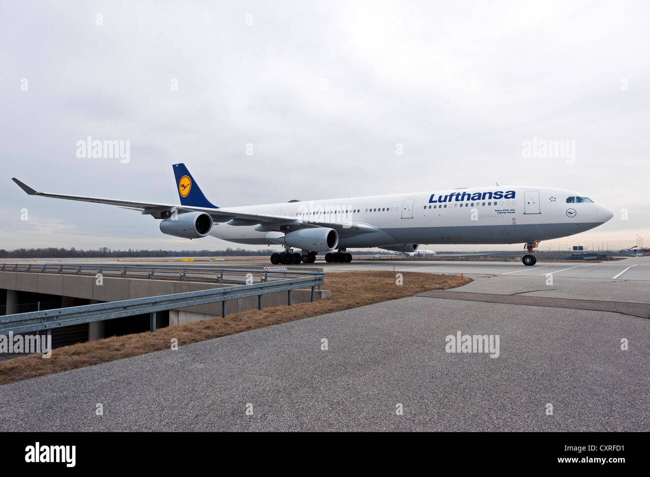 Lufthansa Airbus A340-300 airplane, with the name Castrop-Rauxel, taxiing to the runway at Munich Airport, Bavaria Stock Photo