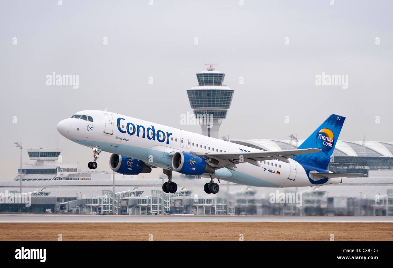 Condor Airbus A320-212 airplane during takeoff from Munich Airport, Bavaria, Germany, Europe Stock Photo
