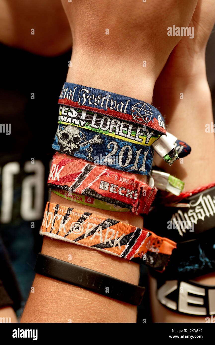 Metalfest, Loreley open air stage, wrist of a festival goer with wristbands, St. Goarshausen, Rhineland-Palatinate Stock Photo