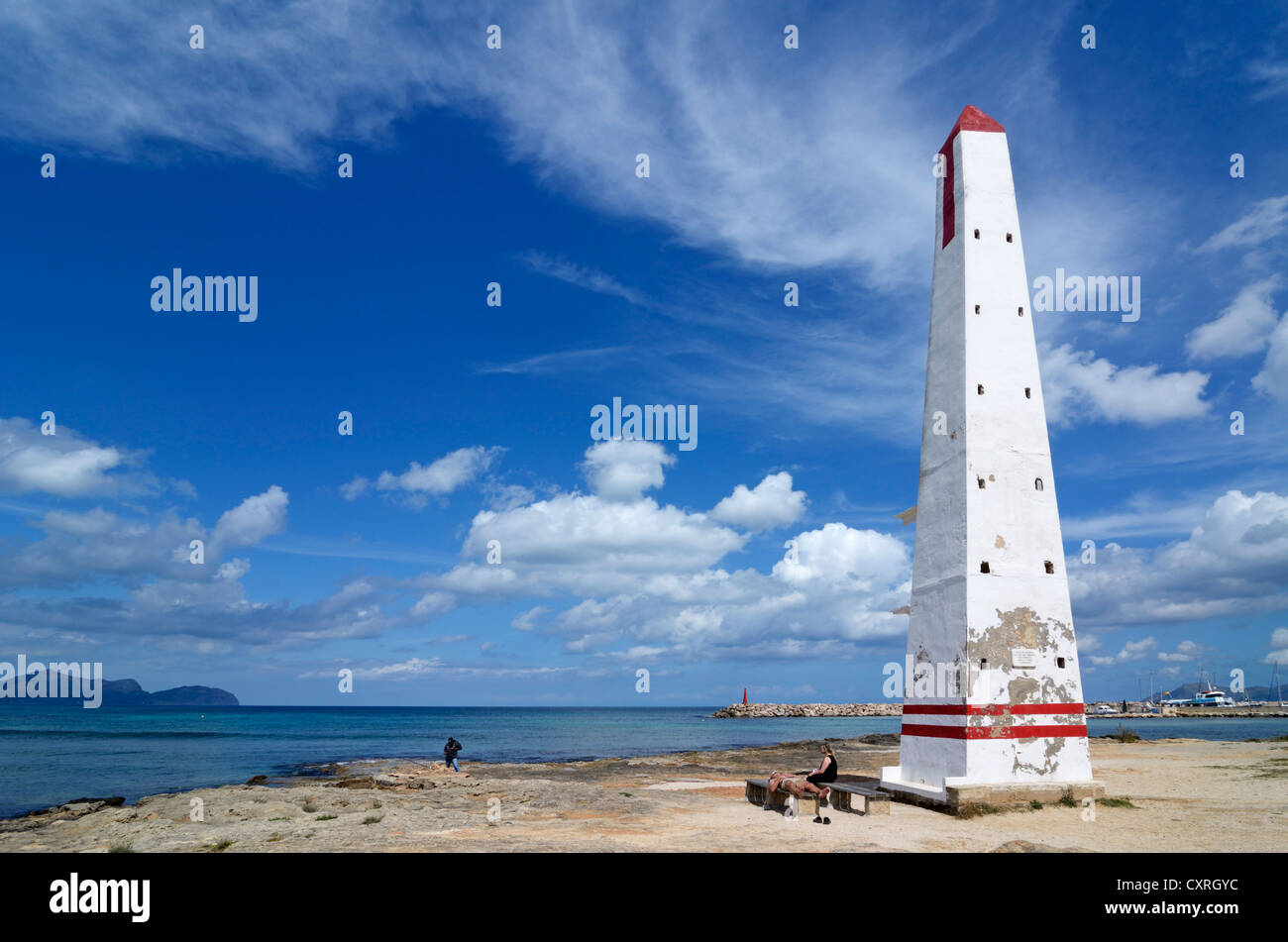 Reference point, tower, C'an Picanfort, Majorca, Mallorca, Balearic Islands, Spain, Europe Stock Photo