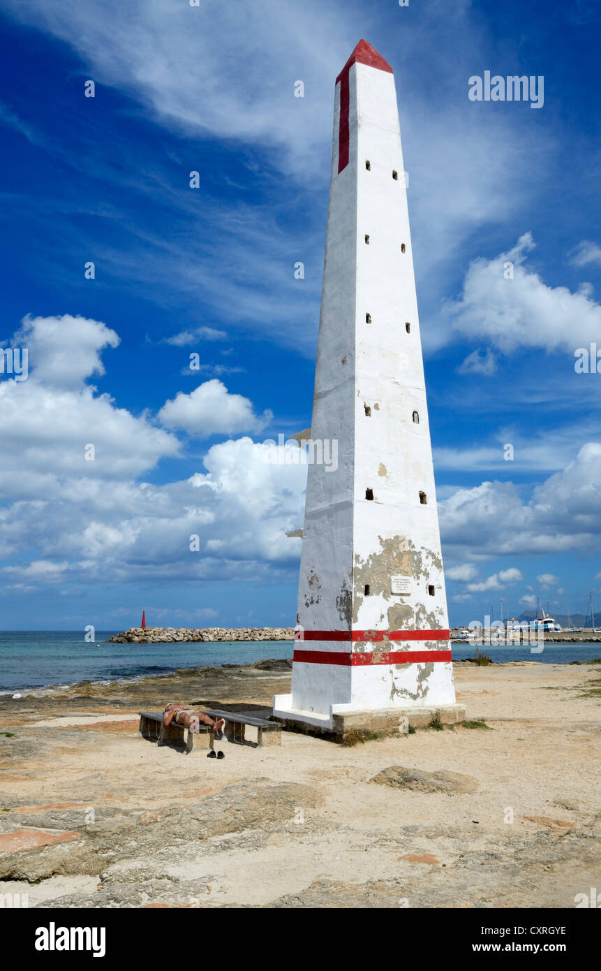 Reference point, tower, C'an Picanfort, Majorca, Mallorca, Balearic Islands, Spain, Europe Stock Photo