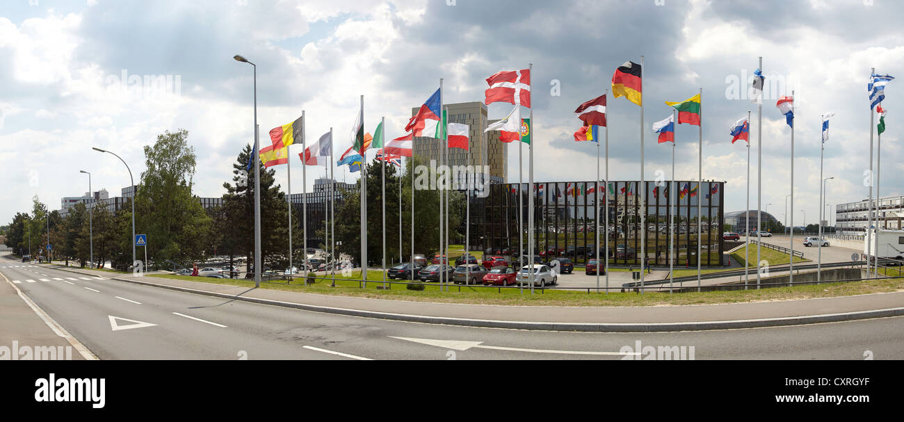 The national flags of the member states of the European Union in front of the building of the European Commission in Luxembourg Stock Photo