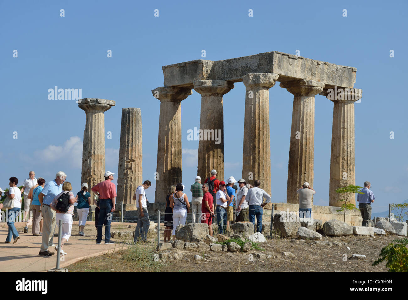 6th century BC Temple of Apollo in ancient Corinth, Corinth Municipality, Peloponnese region, Greece Stock Photo