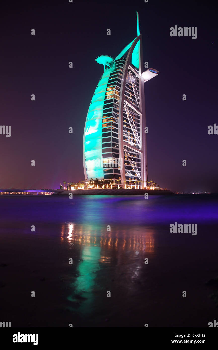 Burj Al Arab luxury hotel at night, Jumeirah Beach, Dubai, United Arab Emirates, Middle East, Asia Stock Photo