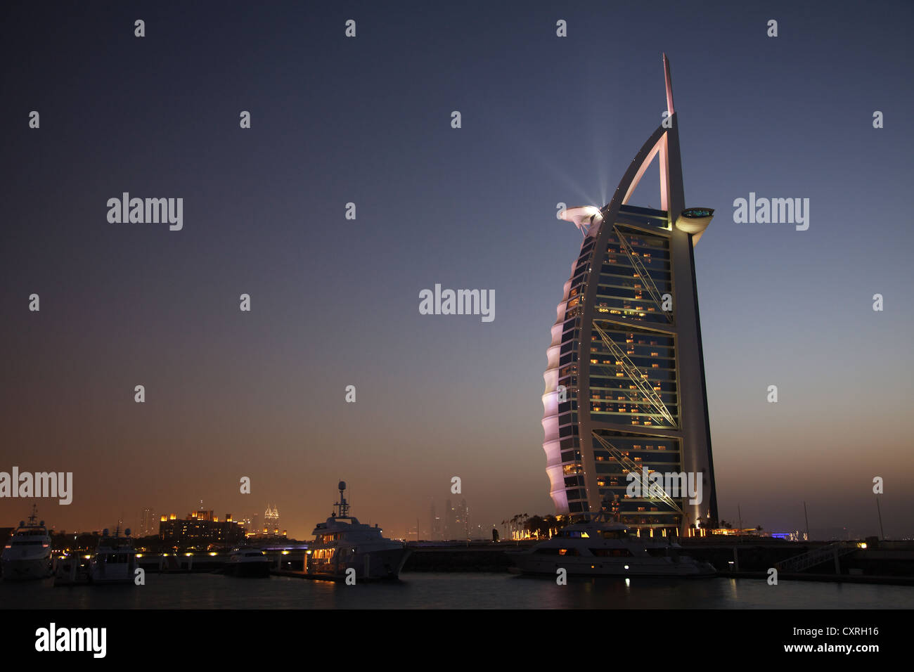 Burj Al Arab luxury hotel at night, Jumeirah Beach, Dubai, United Arab Emirates, Middle East, Asia Stock Photo