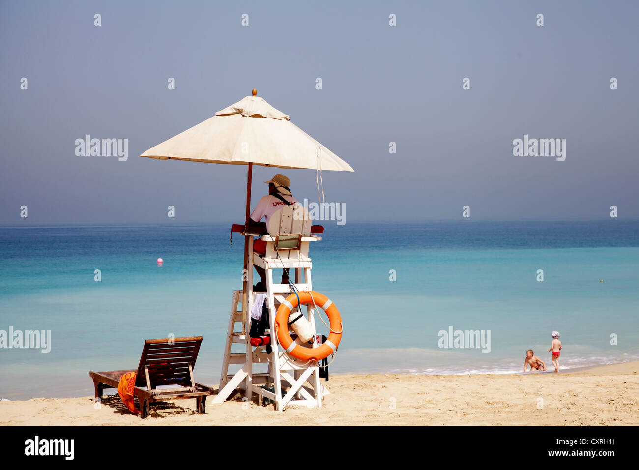 Lifeguard watching the sea at Jumeirah Beach, Dubai, United Arab Emirates, Middle East, Asia Stock Photo