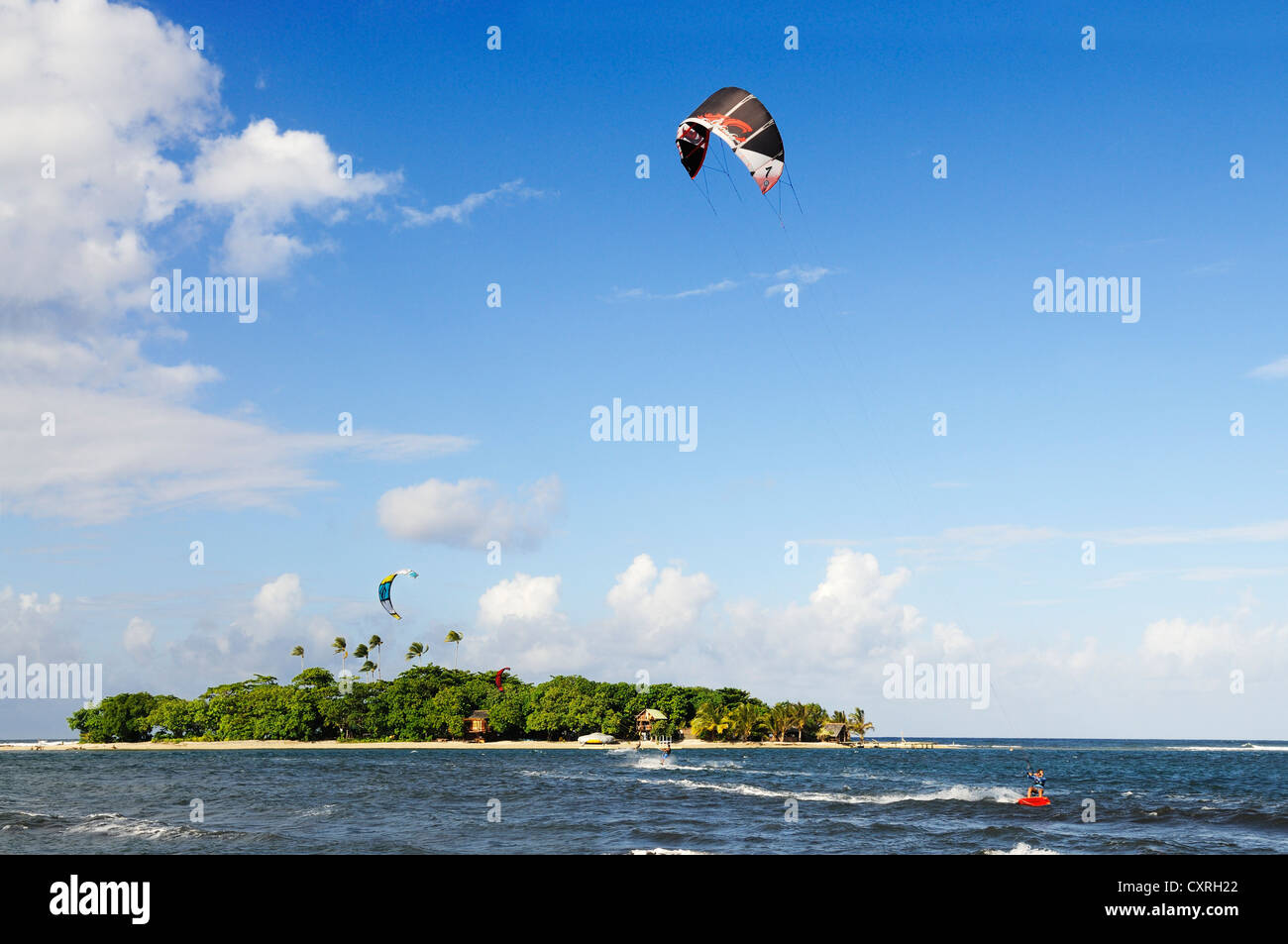 Kitesurfers, Mahina Venus Point, Tahiti, Society Islands, French Polynesia, Pacific Ocean Stock Photo