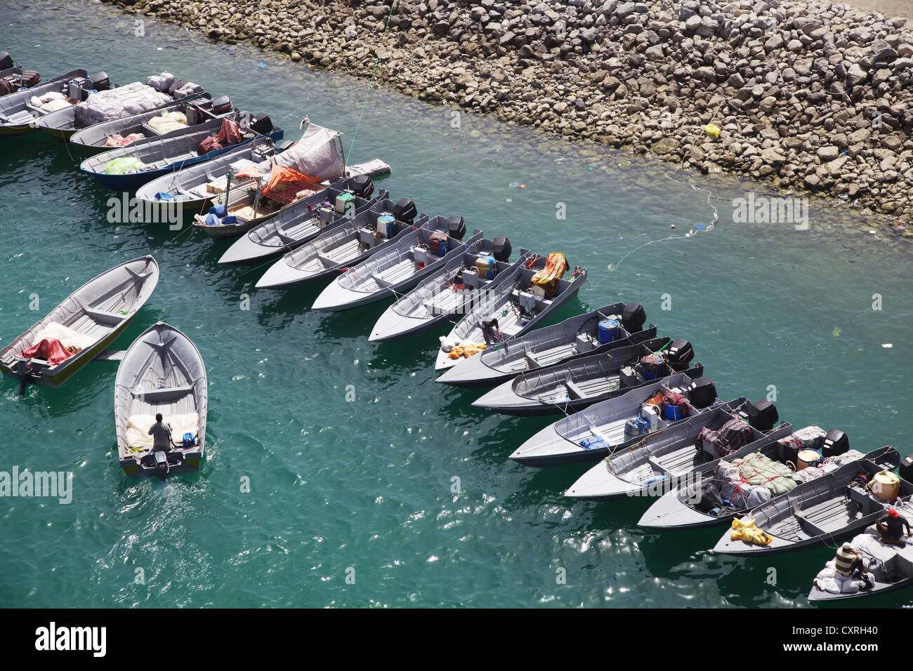 Local dealers on boats in the port of Khasab, Musandam, Oman, Middle East, Asia Stock Photo