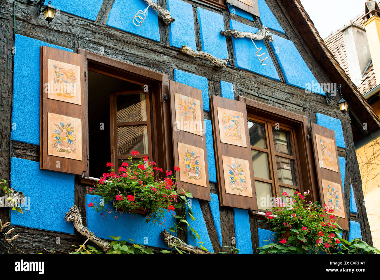 Historic old blue house in town of Riquewihr voges, France. Stock Photo