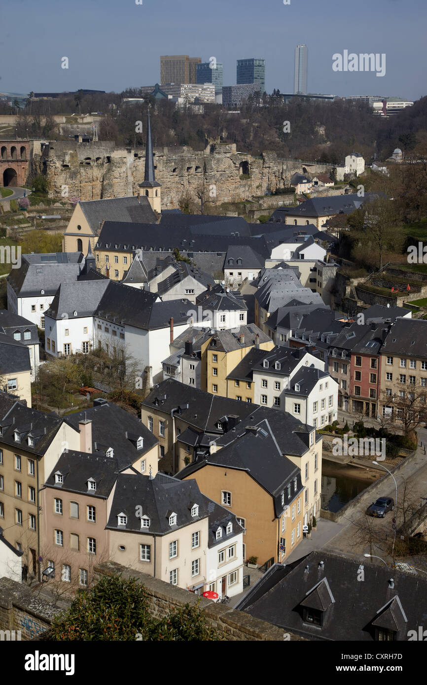 View of Luxembourg's Grund quarter, Bock Rock with casemates and the European Quarter, Luxembourg, Europe Stock Photo