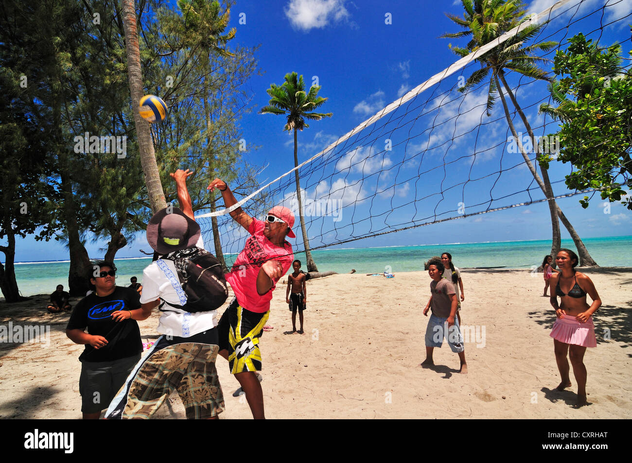 Beach volleyball, island where natives live, Motu Iriru, Raiatea or Ra'iatea, Leeward Islands, Society Islands, French Polynesia Stock Photo