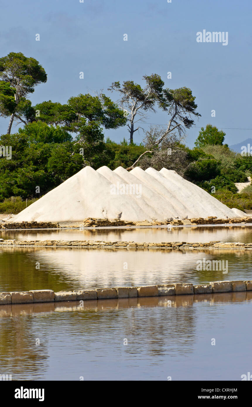 Piles of salt in the salt flats near Colonia Sant Jordi, Majorca, Balearic Islands, Spain, Europe Stock Photo