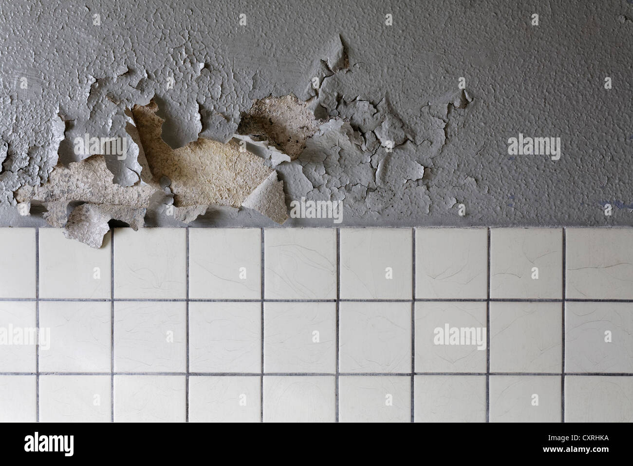 Crumbling paint above tiles, washroom in a dilapidated building, disused switching yard station, Duisburg-Wedau, Ruhr Area Stock Photo