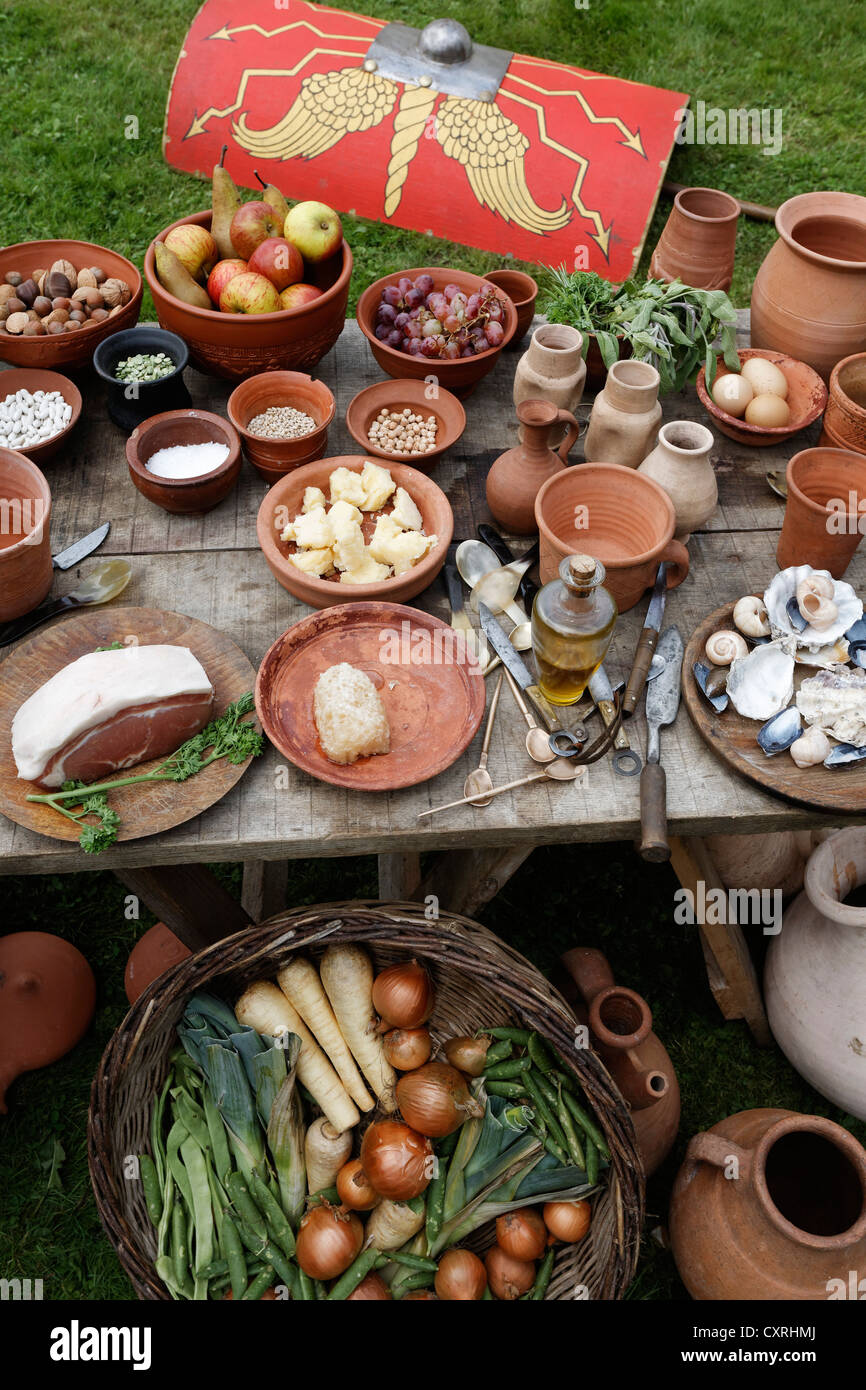 Food of Roman soldiers, displayed on a table, Roman Festival, Archaeological Park Xanten, Lower Rhine region Stock Photo