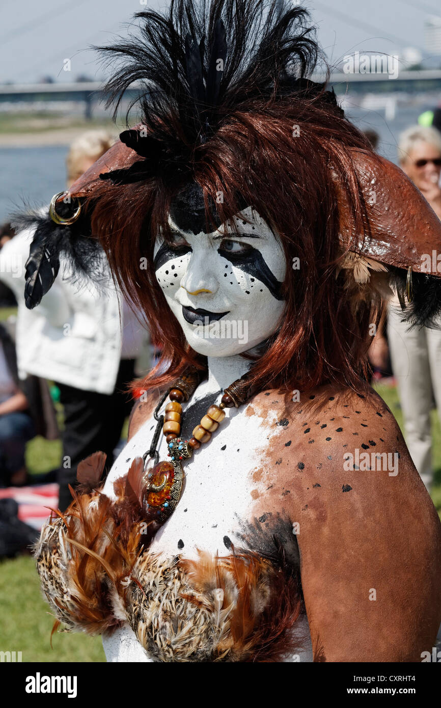 Cosplayer dressed as a bird of prey, with feathers and body painting, Japan Day, Duesseldorf, North Rhine-Westphalia Stock Photo
