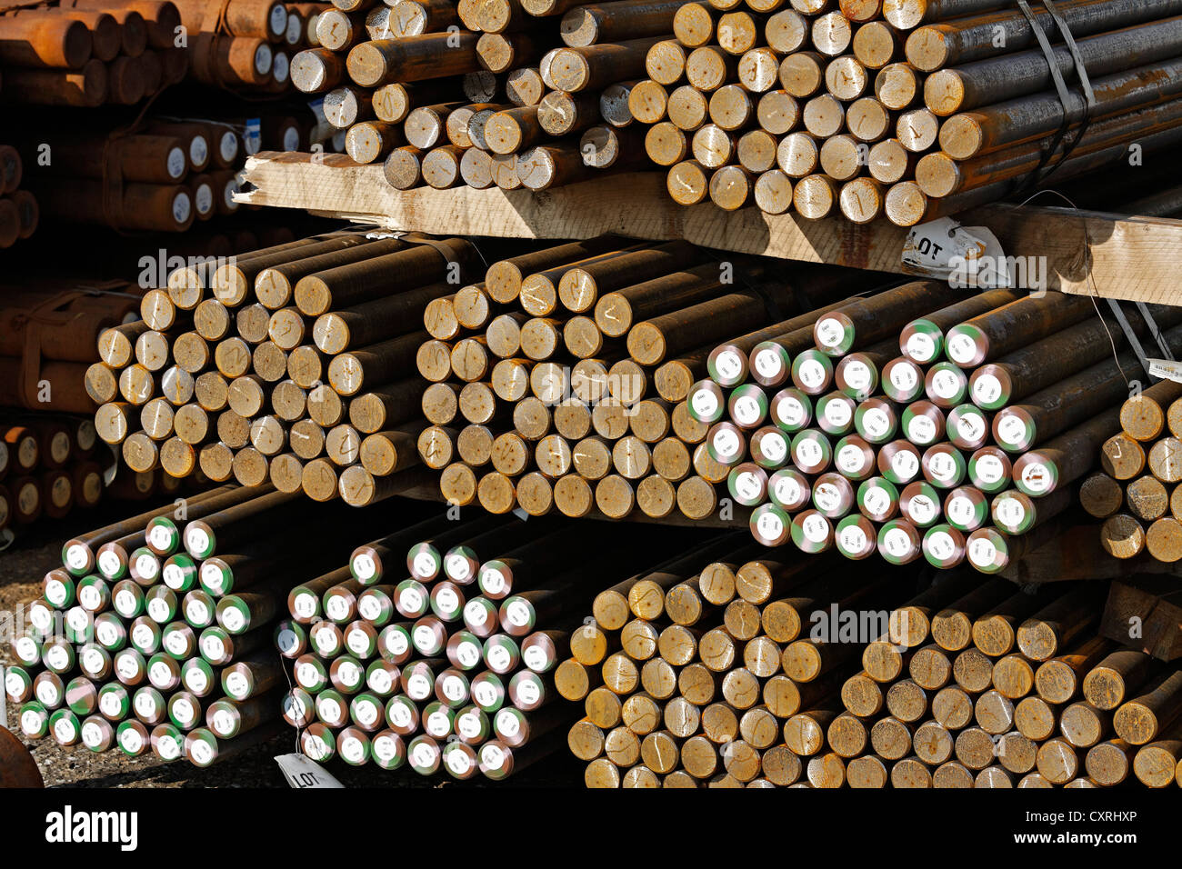 Round steel bars, storage yard of a steel trader, Port of Neuss