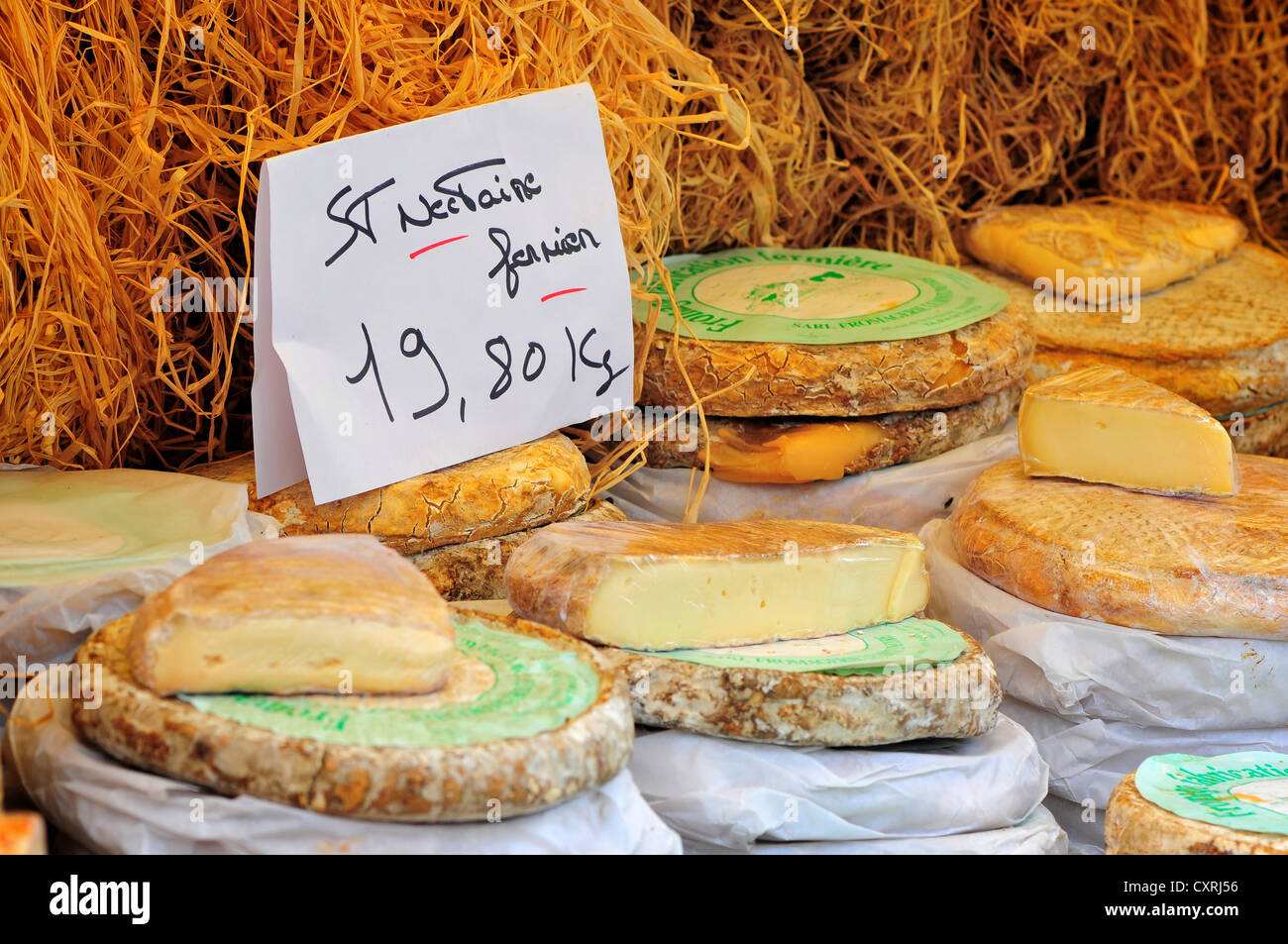 Cheese for sale at a French market in Loches, Loire Valley, France Stock Photo