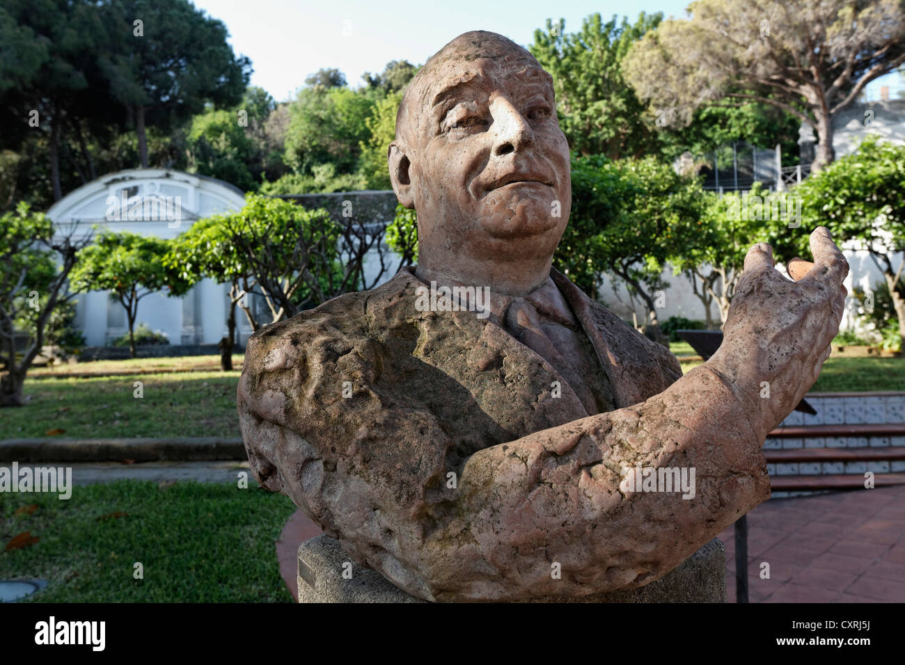 Bust of the publisher Angelo Rizzoli in the gardens of Villa Arbusto, Lacco Ameno, Ischia Island, Gulf of Naples, Campania Stock Photo