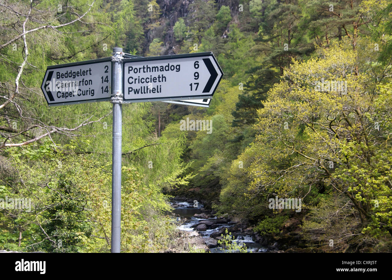 Road signpost with Welsh place names in Aberglaslyn Near
