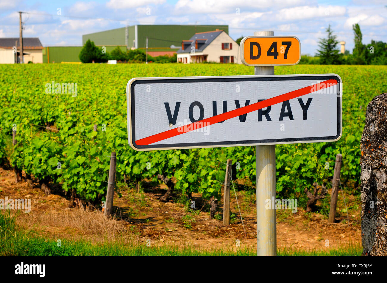 Village sign and vineyard at Vouvray, Loire Valley, France Stock Photo
