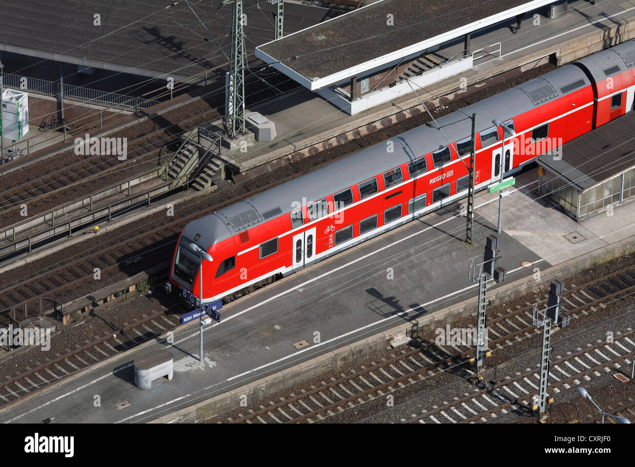 Local train at Koeln-Deutz station, as seen from Koelntriangle office tower, Cologne, North Rhine-Westphalia, Germany, Europe Stock Photo