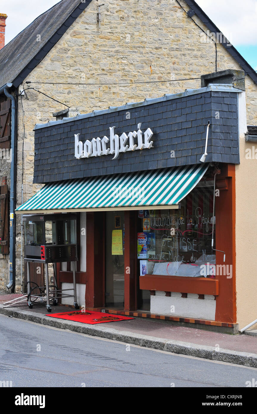 Boucherie / Butchers in Sainte Marie du Mont, Normandy, France Stock Photo
