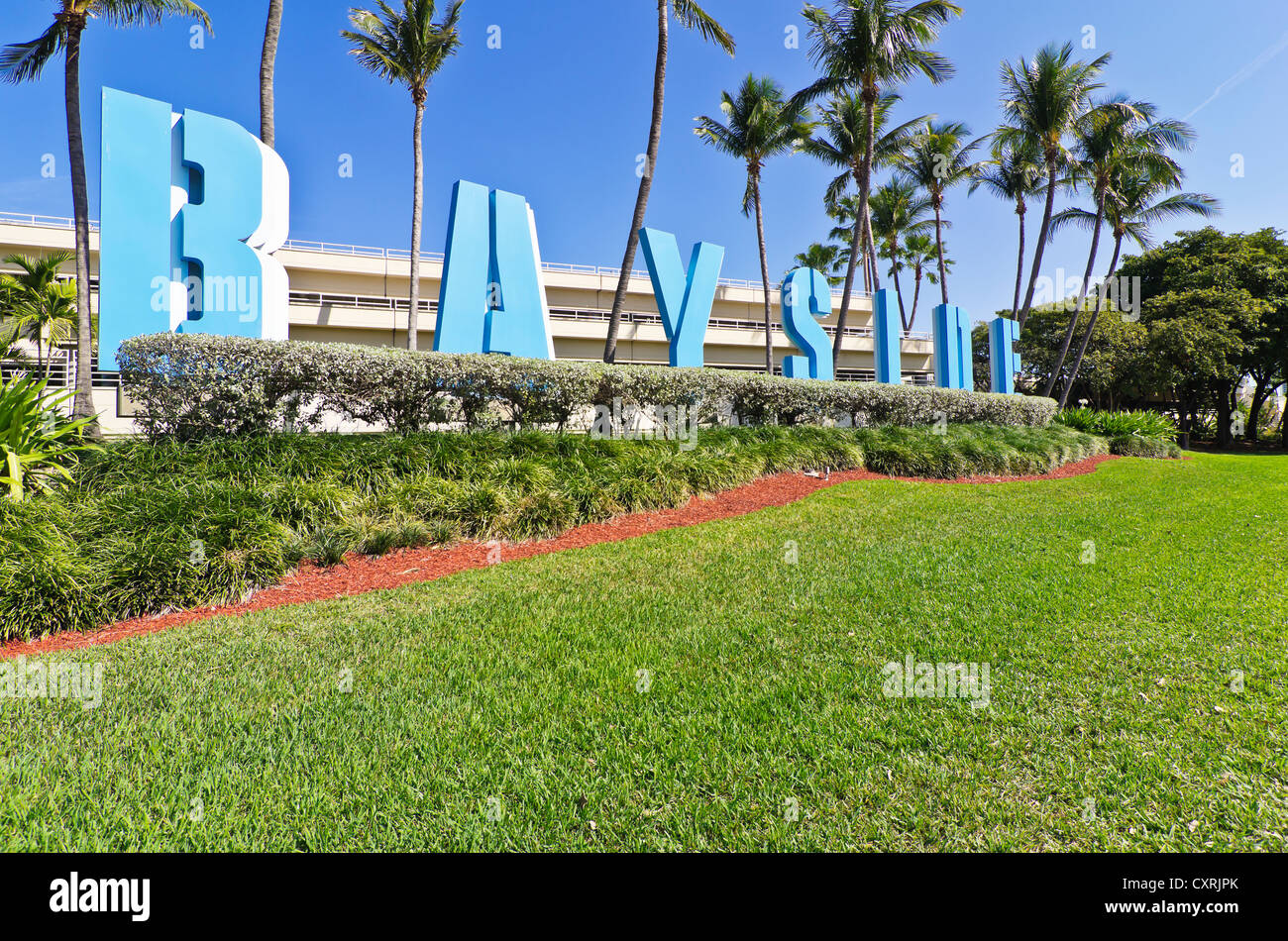 Bayside signage on Bayside Marketplace, Miami, Florida, USA Stock Photo
