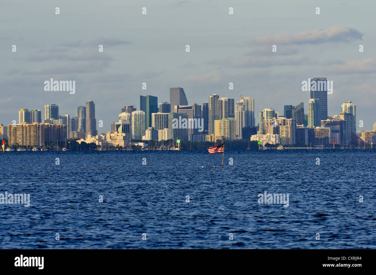 Skyline at the Mount Sinai Medical Center from Morningside Park with motorboat, Miami, Florida, USA Stock Photo