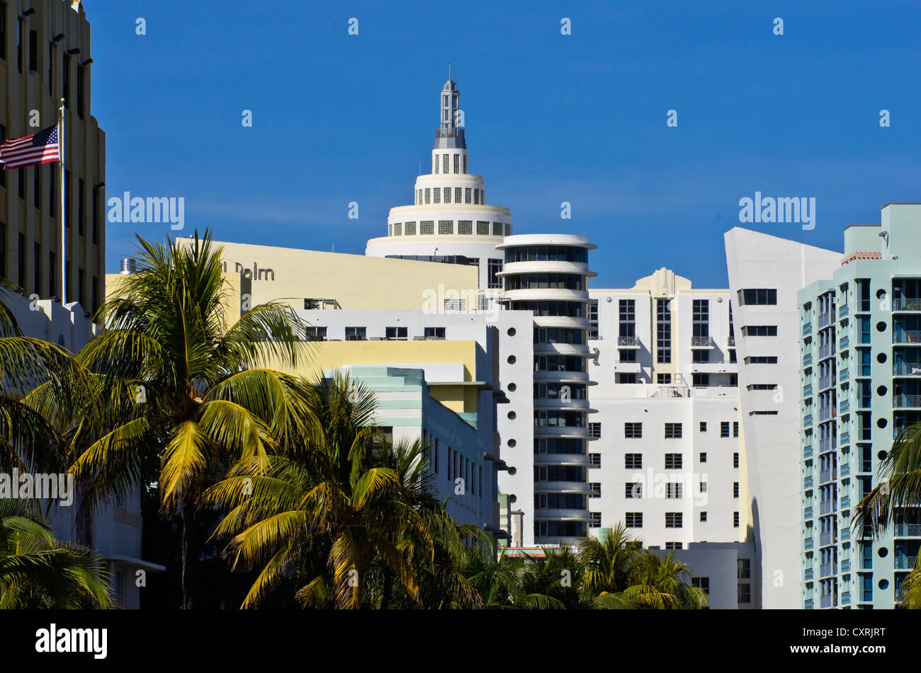Complex of buildings on Collins Avenue, seen from Ocean Drive, Miami Beach, Florida, USA Stock Photo