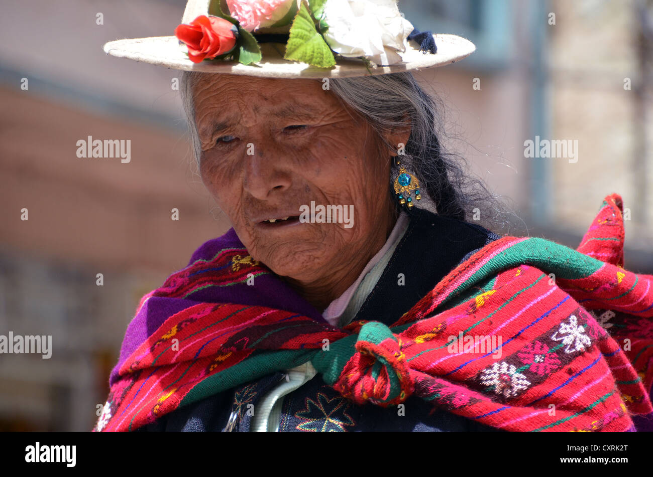 Old Indian woman at Lake Titicaca, La Paz, Bolivia, South America Stock Photo