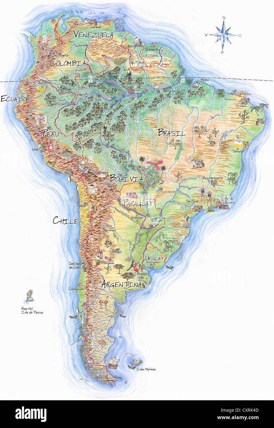 Hand-drawn map of South America Stock Photo