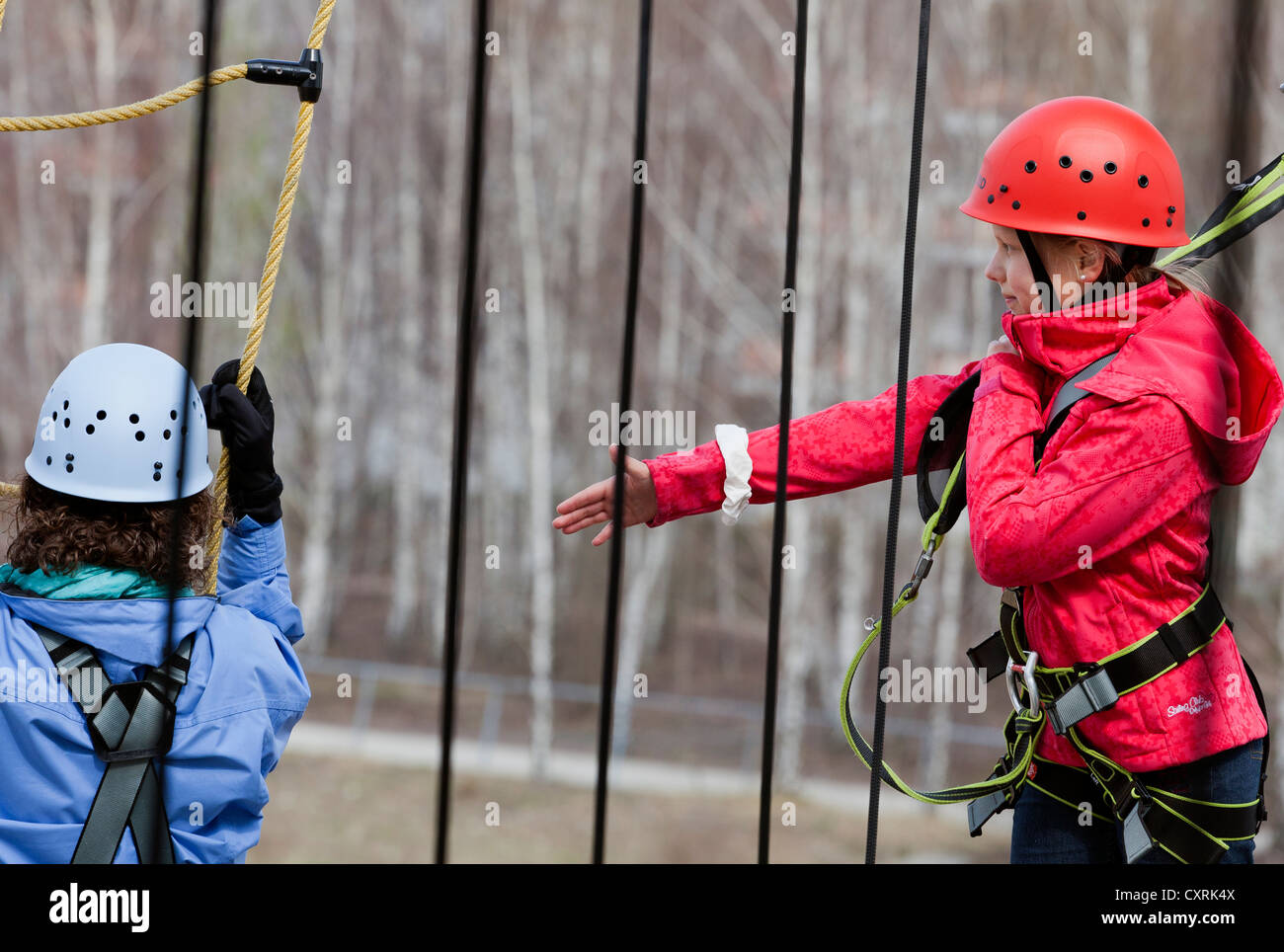 10-year-old girl reaching out to somebody climbing in a high rope course, Berlin, Germany, Europe Stock Photo