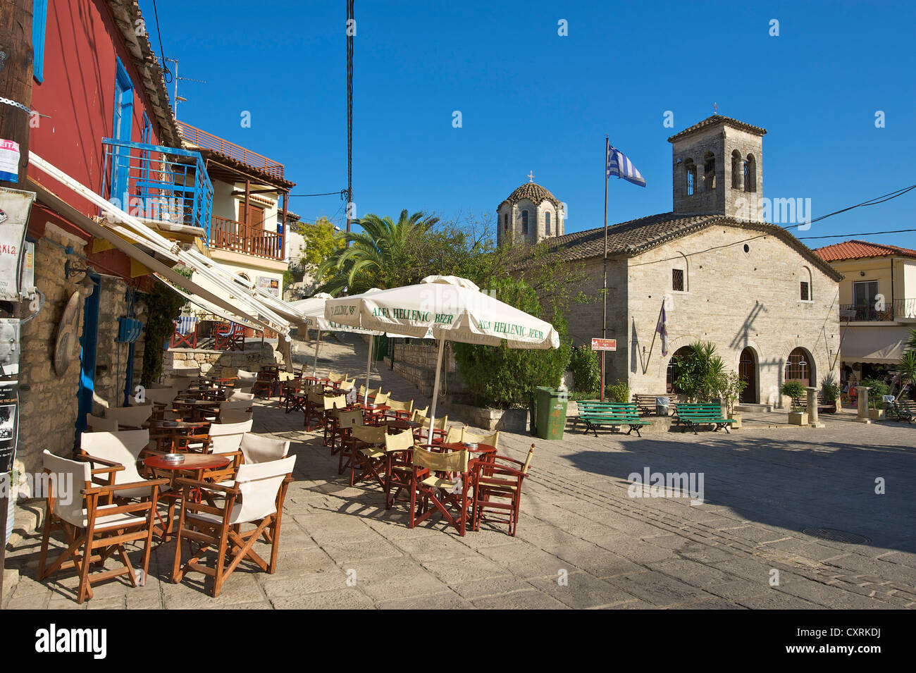 Village square of Afitos on Kassandra peninsula, Halkidiki, Greece