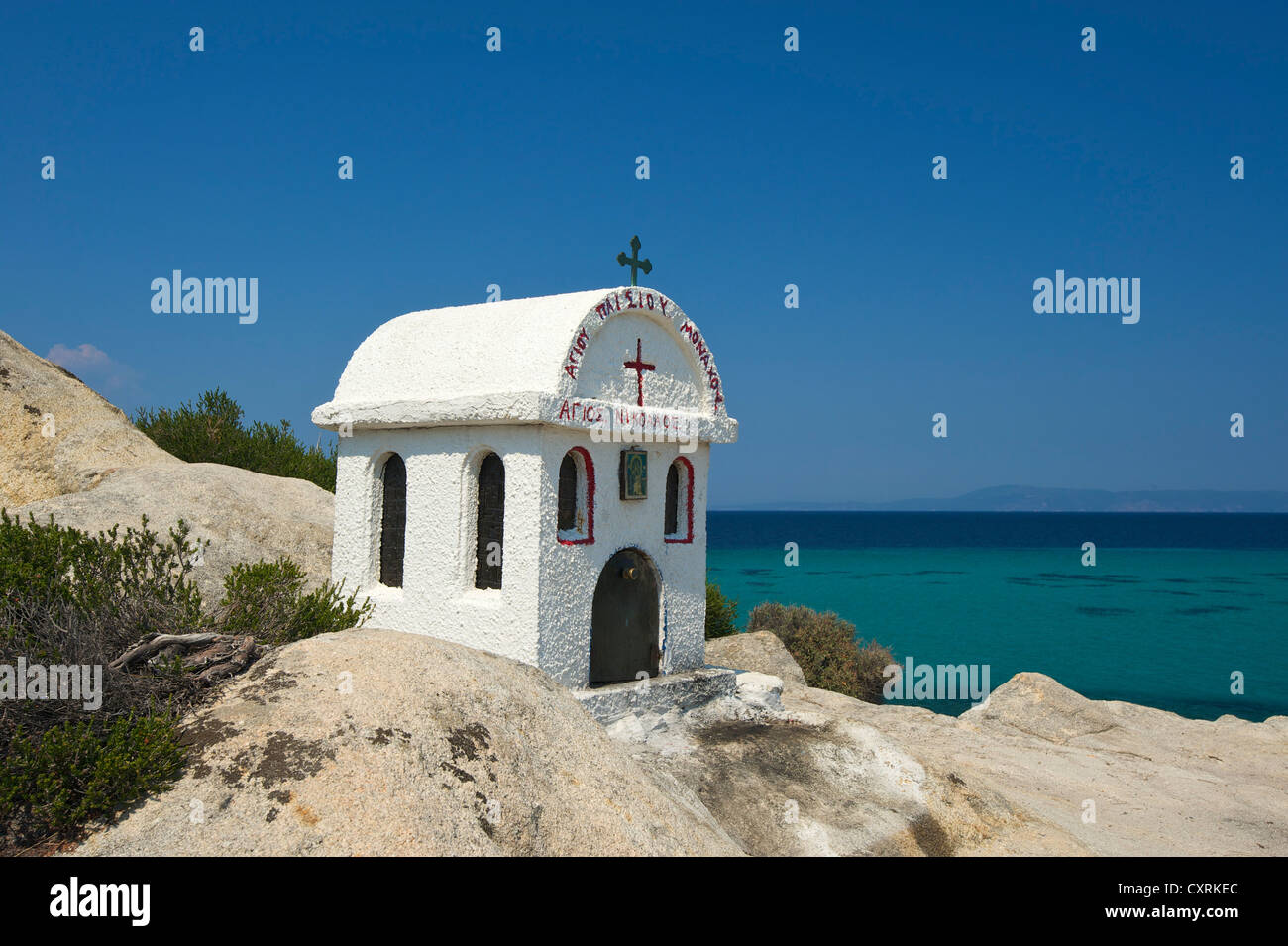 Chapel on the beach, Portokali Beach, Kavourotypes, Sithonia, Halkidiki, Greece, Europe Stock Photo