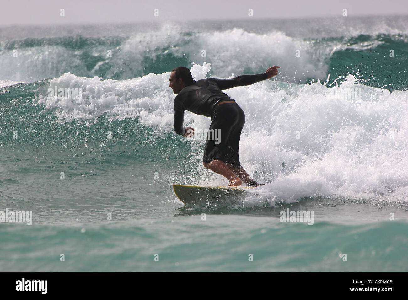 surfers, water, surf, seaside, sand, swell, waves, Canary Islands, Spain Stock Photo