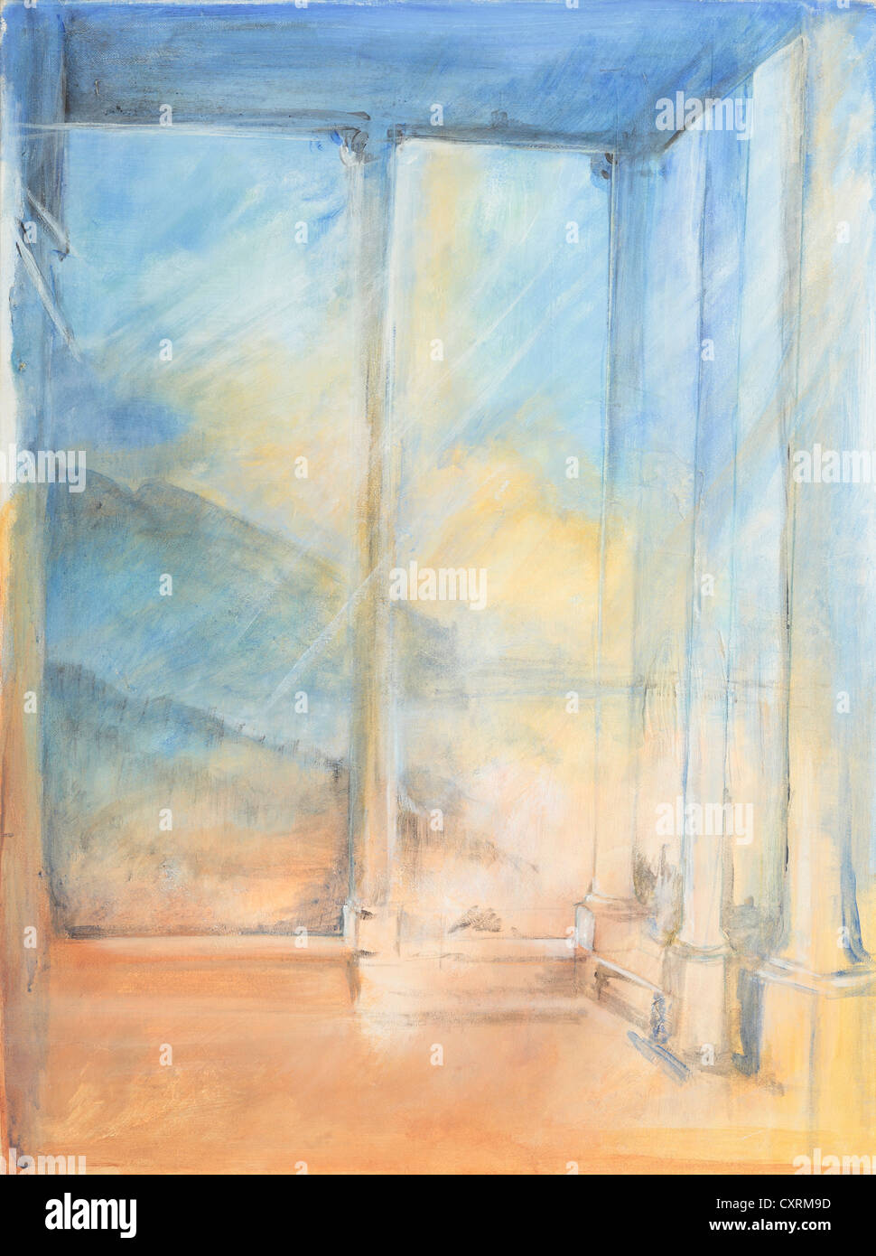Impressionist painting by Elizabeth Simpson of a Mediterranean Terrace with Pillars and Shafts of Light. Stock Photo