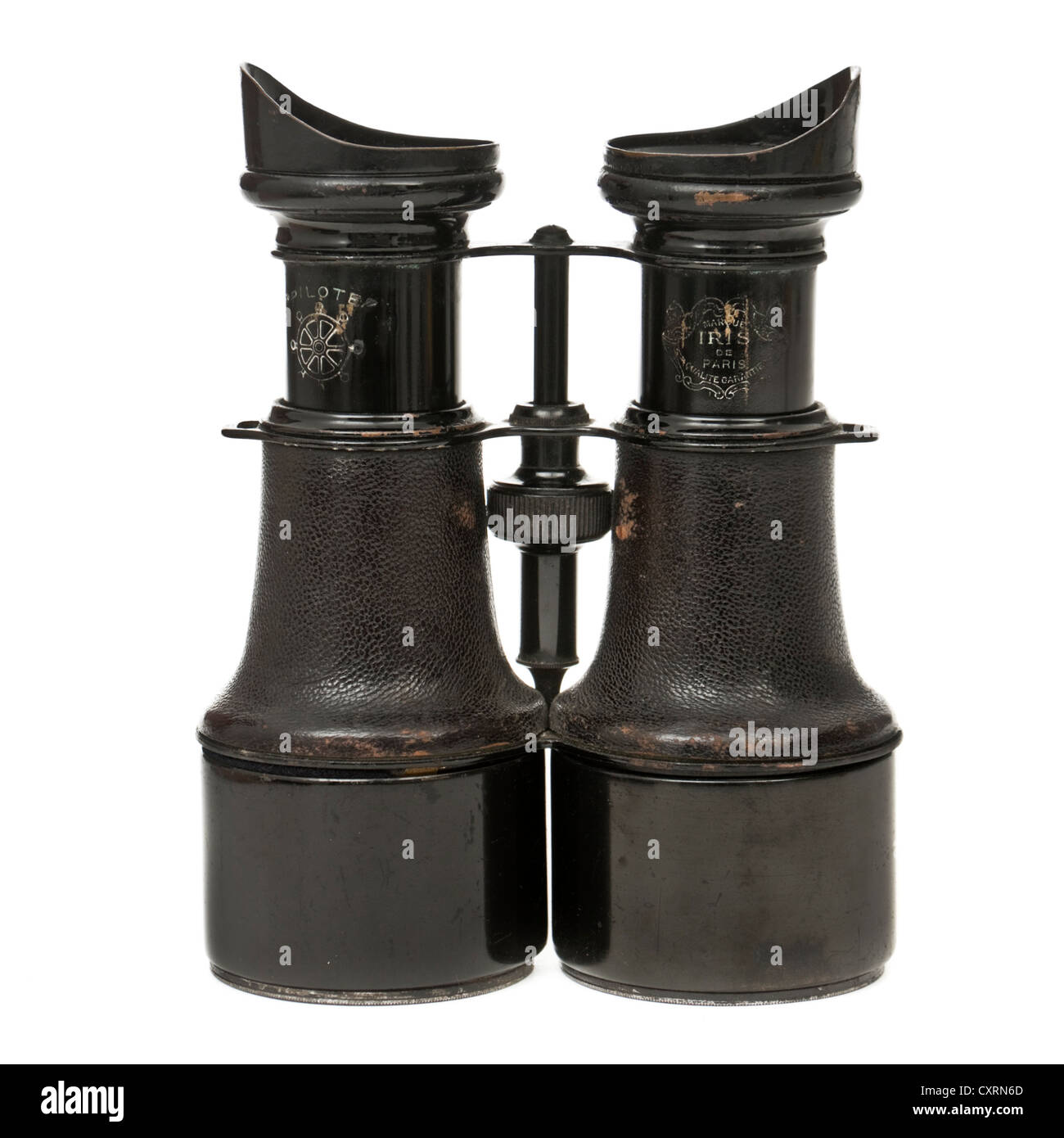 Antique (1880-1910) French 'Pilote' marine binoculars by Iris de Paris. Made from brass with black enamel finish. Stock Photo