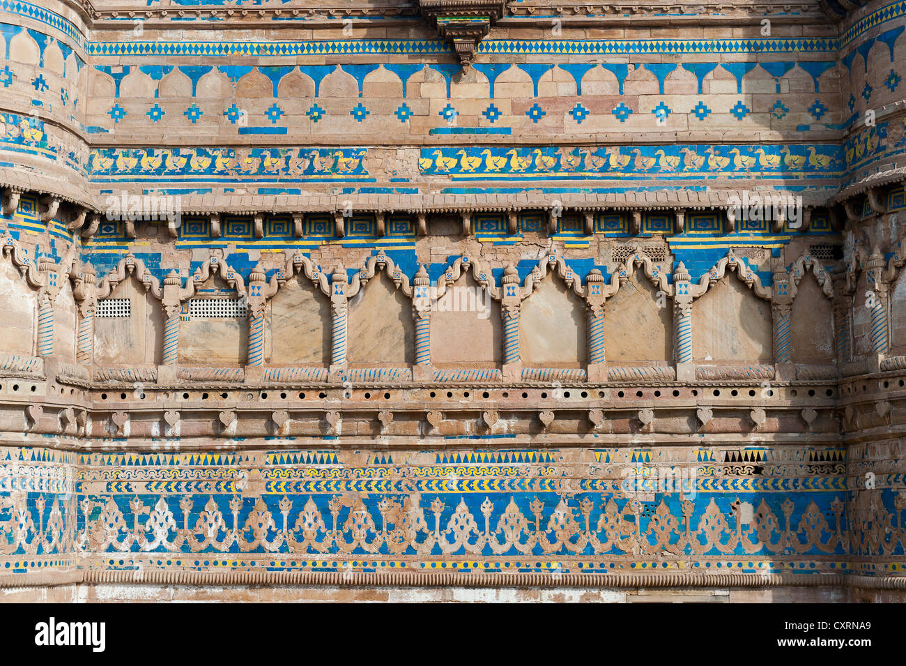 Colourful ceramic tiles with duck motifs adorning a wall, Man Singh Palace, Gwalior Fort or Fortress, Gwalior, Madhya Pradesh Stock Photo