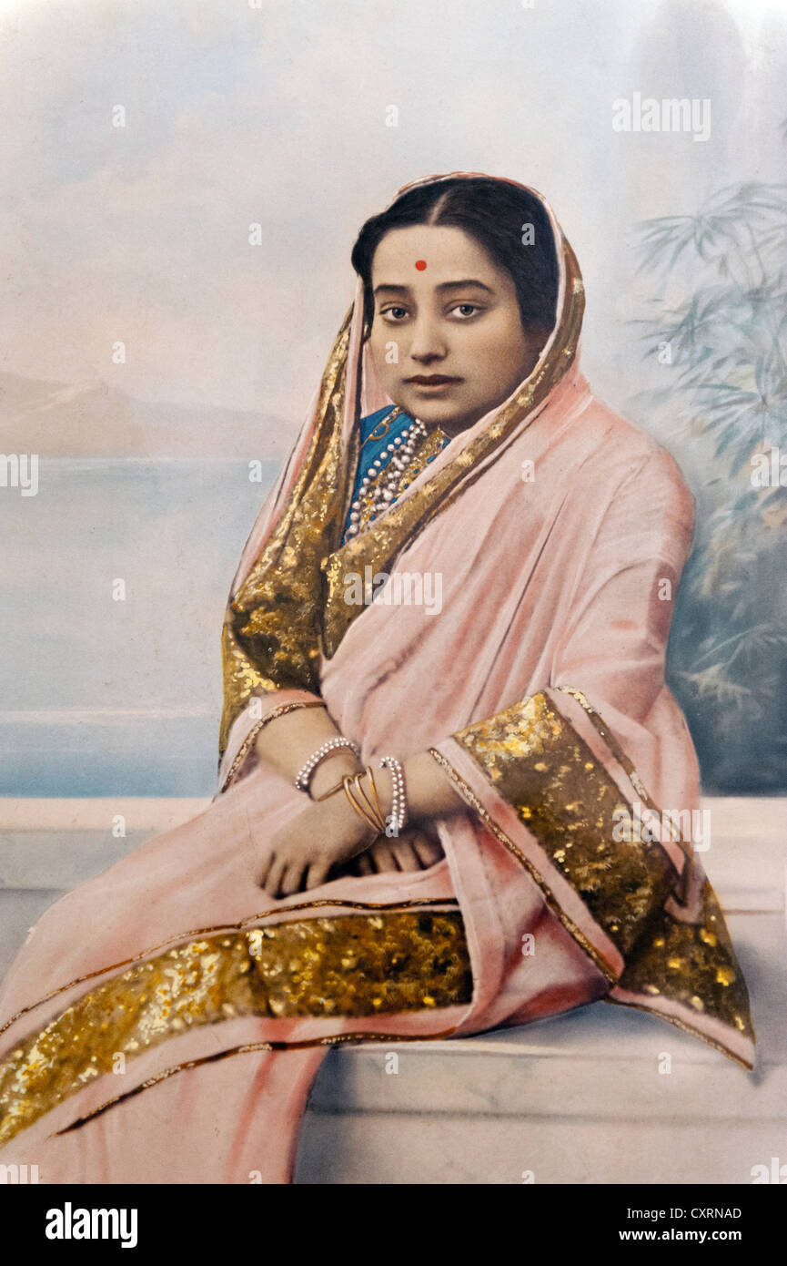 Old, hand-tinted photography of a seated Maharani, Scindia Dynasty, Jal Villas Palace, Gwalior, Madhya Pradesh, India, Asia Stock Photo