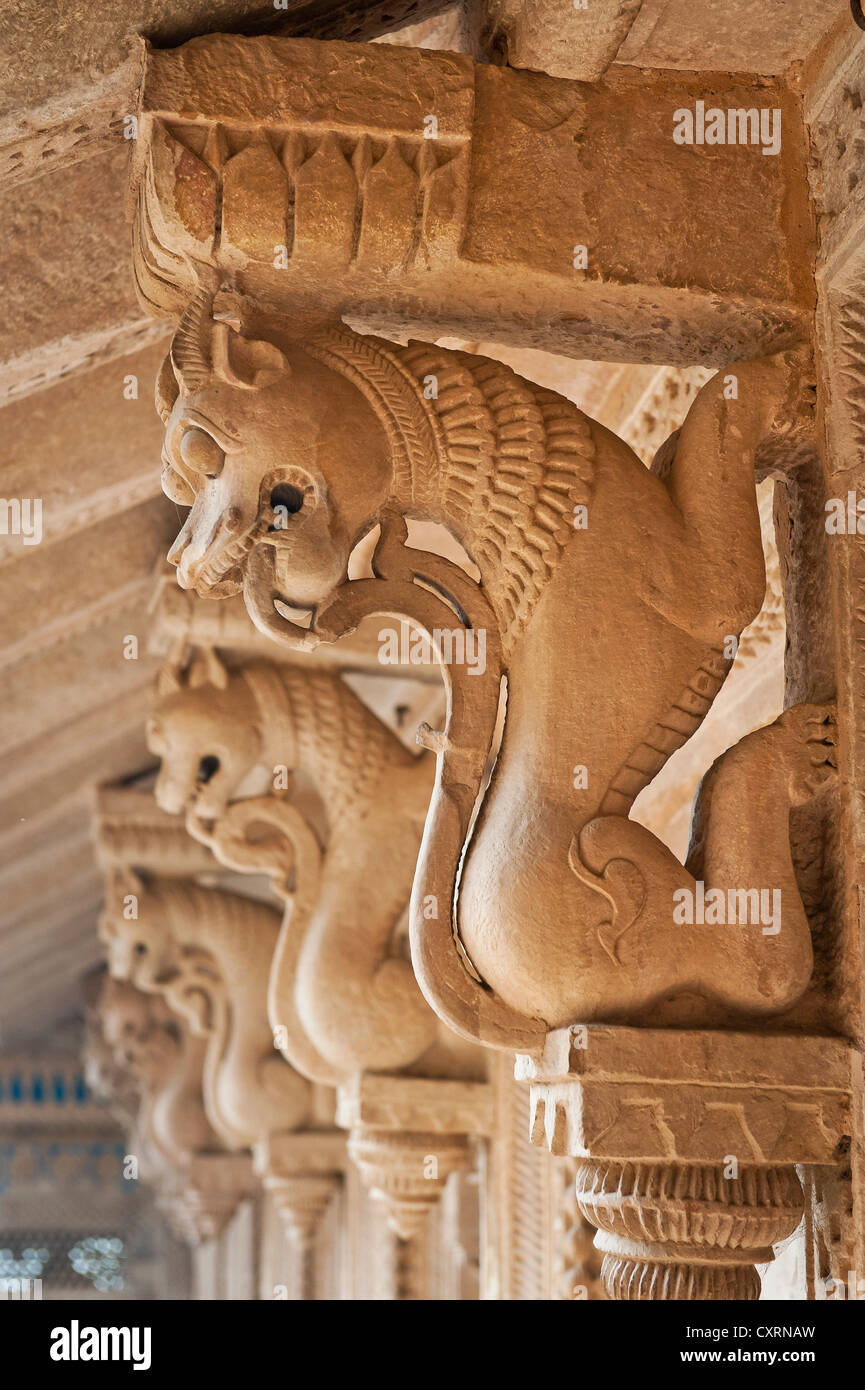 Capitals in the shape of lions, Man Singh Palace, Gwalior Fort or Fortress, Gwalior, Madhya Pradesh, India, Asia Stock Photo