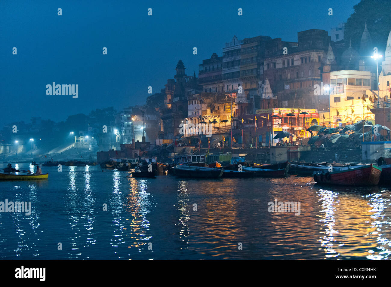 The Ghats before sunrise, the Ganges, Varanasi, Benares or Kashi, Uttar Pradesh, India, Asia Stock Photo