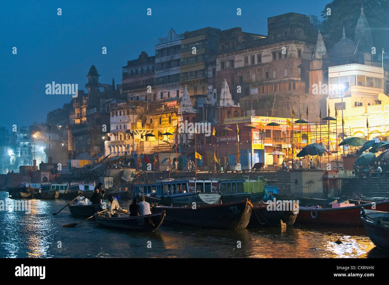 The Ghats before sunrise, the Ganges, Varanasi, Benares or Kashi, Uttar Pradesh, India, Asia Stock Photo