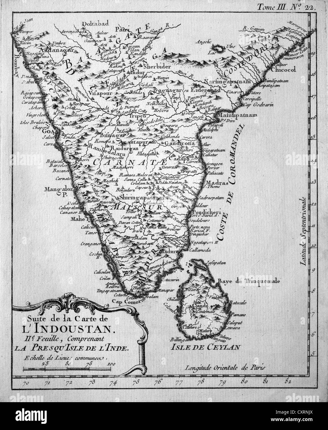 Historical engraving, map of Ceylon and South India, Jacques Nicolas Bellin, Suite de la Carte de l'Industan, circa 1763 Stock Photo