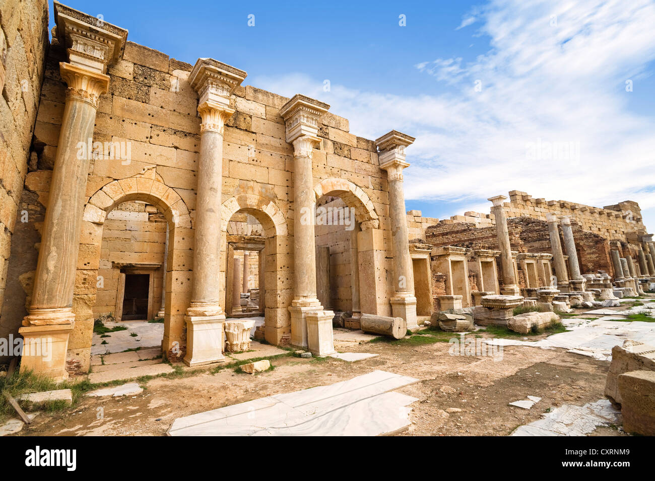 New Forum, the forum of Septimius Severus, Leptis Magna, Libya, Africa Stock Photo