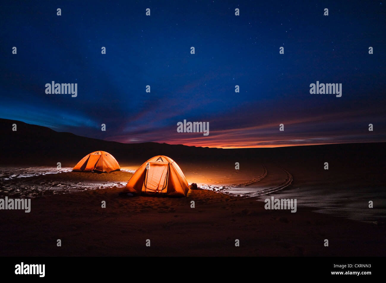 Tents under a starry sky in the Libyan desert, Libya, Sahara, Africa Stock Photo
