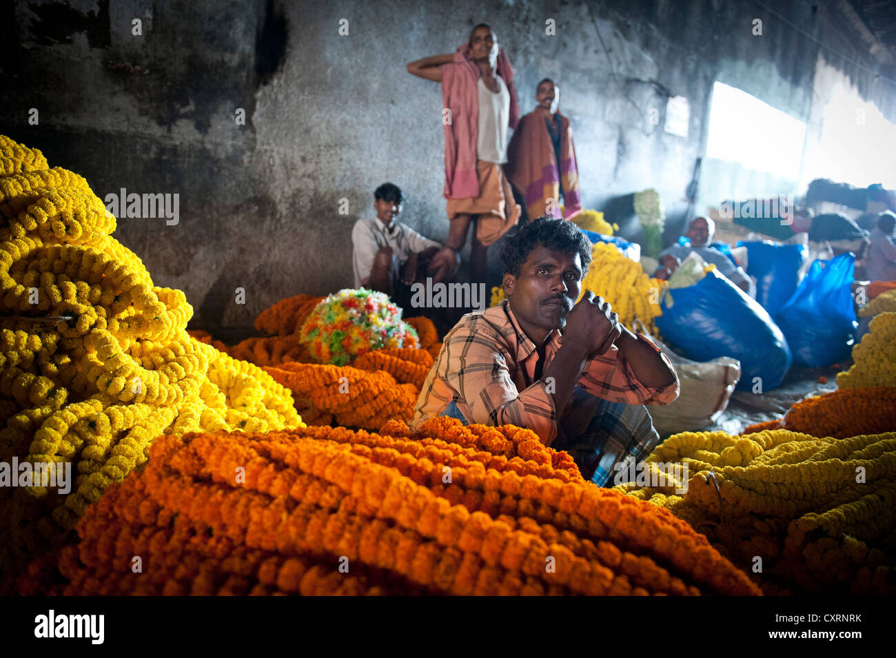 Flower market under Howrah Bridge, Kolkata or Calcutta, West Bengal