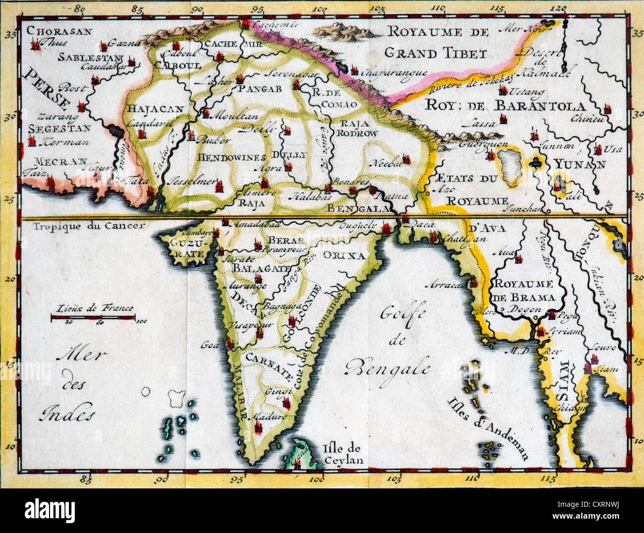 Historical, hand-coloured map, engraving, India and Southeast Asia, 18th Century Stock Photo