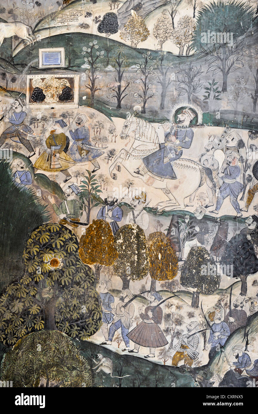 Hunting party, jungle, animals, mural, Kota-School, Old Palace, Maharao Madho Singh Museum, Kota, Rajasthan, India, Asia Stock Photo