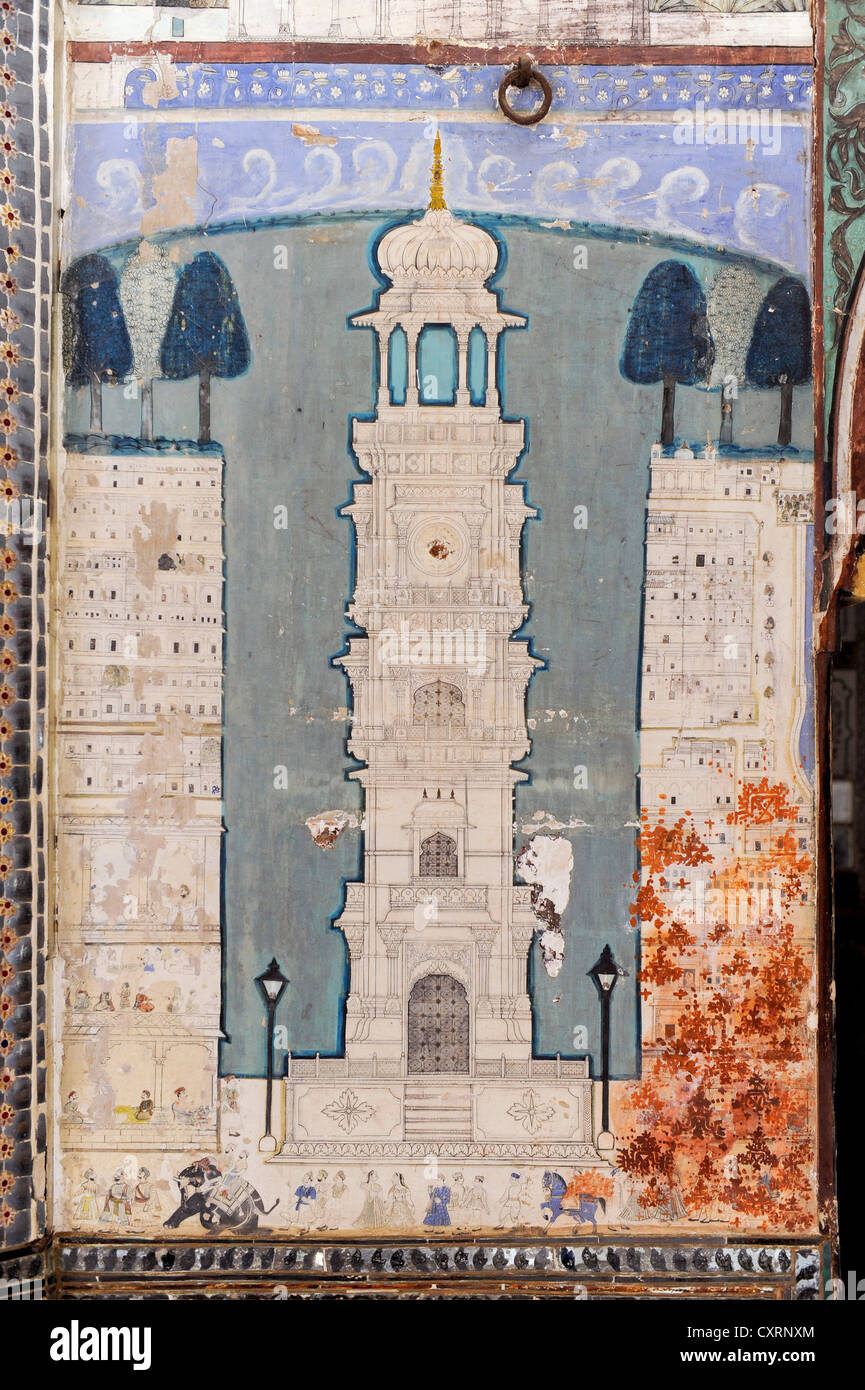 Tower, mural, Kota-School, Old Palace, Maharao Madho Singh Museum, Kota, Rajasthan, India, Asia Stock Photo