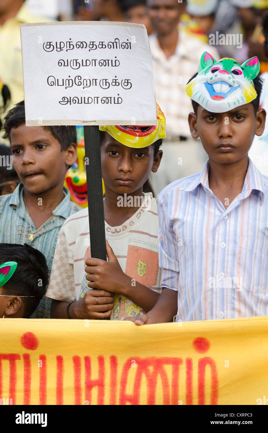 Children at a protest against child labour, Karur, Tamil Nadu, India, Asia Stock Photo